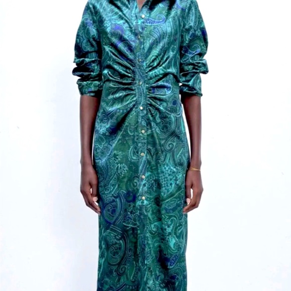ZARA NWT SS21 WOMAN PRINTED SHIRT DRESS Color “Bottle Green” Size Large - Picture 3 of 9